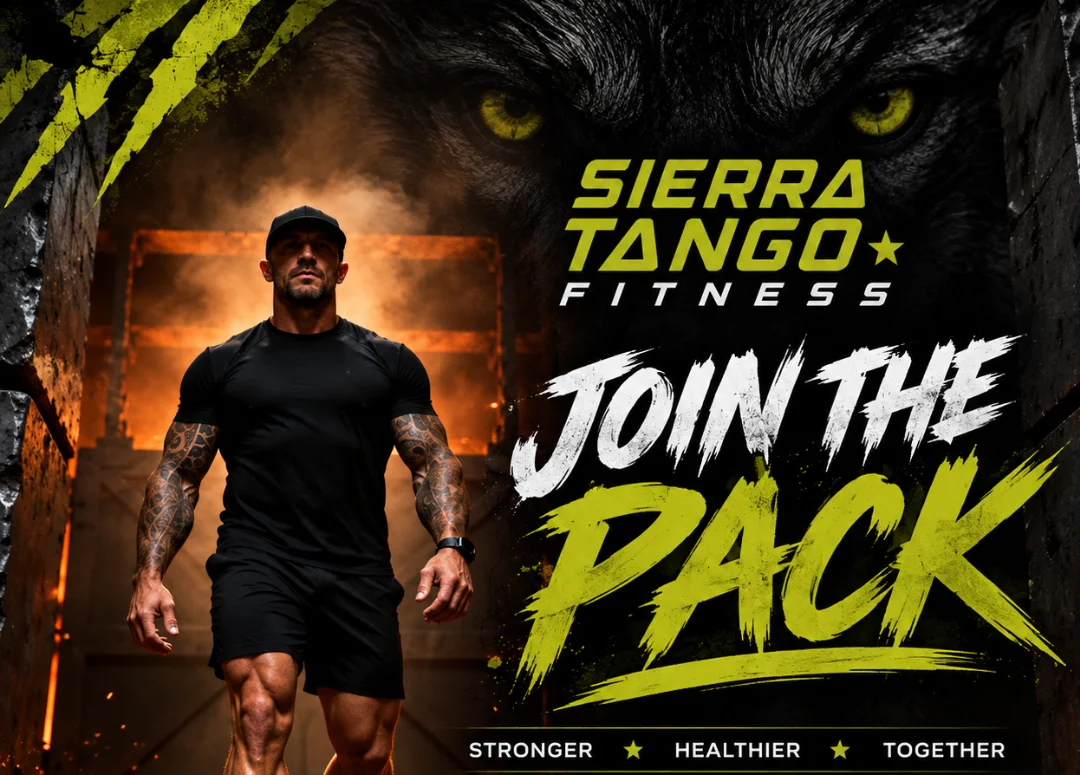 Coach Joel Flynn walking out of a smoky, glowing gym doorway — Sierra Tango Fitness Join the Pack campaign