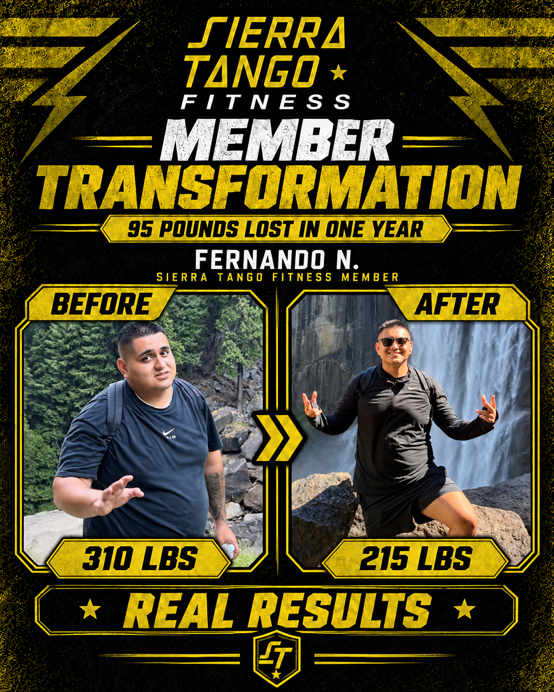 Fernando N. — 95 pounds lost in one year, 310 to 215 lbs — before and after transformation at Sierra Tango Fitness in Lodi, CA